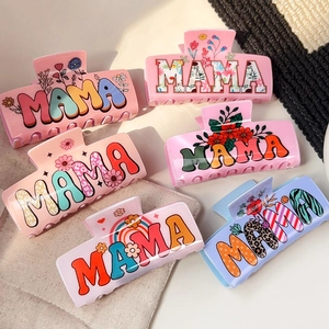 Large Acrylic Hair Claw Clip For Women Vintage MAMA Letter Floral Pattern Rainbow Leopard Print Shark Clip Mother Day Gift