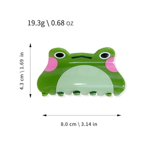 Pince à cheveux grenouille mignonne en acrylique avec dimensions et poids indiqués
