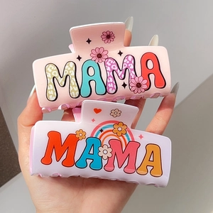 Set of large matte acrylic hair claws with MAMA print and floral rainbow designs