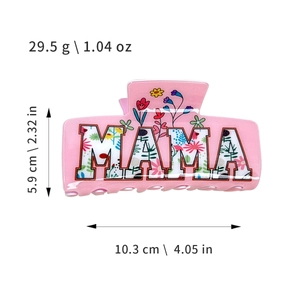 Pink acrylic MAMA hair claw clip with colorful floral patterns and size specifications