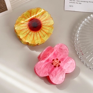 Floral sunflower acrylic hair claw clips with elegant marble texture for women