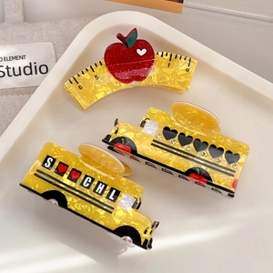 Cartoon School Bus Ruler Red Apple Hair Claw Clips For Women Acrylic Acetate Rhinestone Heart Shark Clips Campus Hair Accessories