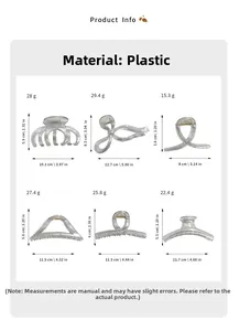 Size chart showing dimensions and weight for silver glitter plastic hair claw clips