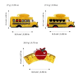 Cartoon school bus and apple hair claws for women with size and weight specifications