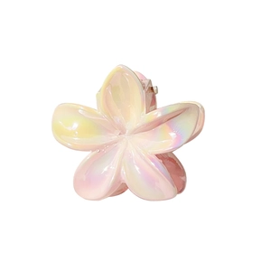 Iridescent plumeria flower claw clip with gradient pearl finish for summer hair styling