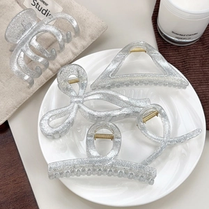 Glitter Silver Hair Claw Clips Set For Women Korean Style Resin Geometric Shark Hair Clips Sparkling Hair Accessories