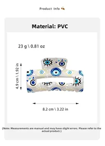 Detailansicht der Maße der weißen PVC-Haarklammer mit blauem Evil Eye-Muster