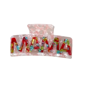 Pink marble textured MAMA hair claw clip with colorful rainbow lettering for women