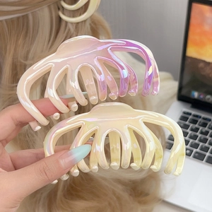 Set of two pearlescent large hair claw clips in gradient pink-purple and milky yellow colors
