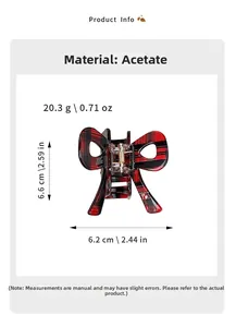 Detailed dimensions of acetate red checkered bow hair claw clip showing size and weight