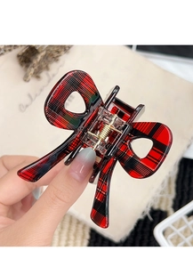 Close-up of red plaid butterfly hair claw clip with a strong golden metal spring