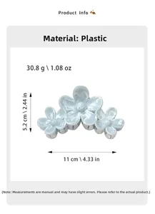 Detail of light blue floral hair claw clip made of plastic with 11cm length dimensions