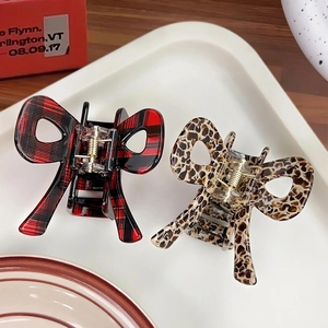 Women's Bow Acetate Hair Claw Clip Korean Sweet Red Plaid Leopard Print Plaque Shark Clip Hair Accessories Fashion Hair Grip