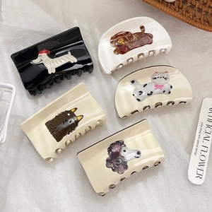 5-piece set of cream white puppy and cat acetate hair claws with glossy animal patterns