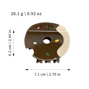 Chocolate donut hair claw clip made of acetate with colorful sprinkles and size markings