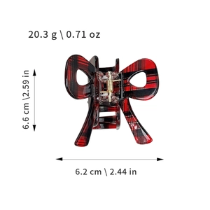 Red plaid bow-shaped hair claw clip in acetate resin with size measurements