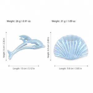 Jelly blue dolphin and shell hair claw clips with size specifications and measurements