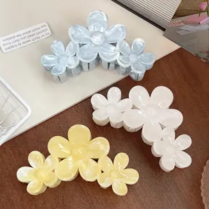Women Flower Hair Claw Clip Large Marble Pattern Shark Clip Fresh Sweet Plastic Hair Accessories Elegant Floral Headwear