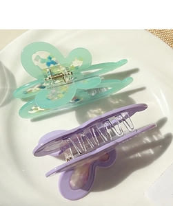 Detail of mint green and lavender purple butterfly hair claws with translucent acetate texture