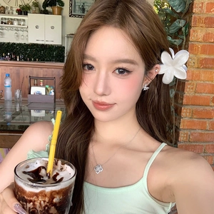 Floral hair claw clip with clover necklace and butterfly earrings on model in cafe