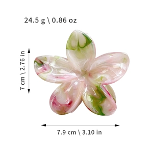 Floral acetate hair claw clip with pink and green marble texture and size dimensions