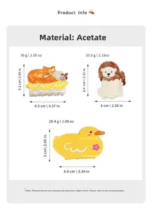 Size chart showing dimensions of fox, lion, and duck acetate hair claws in centimeters