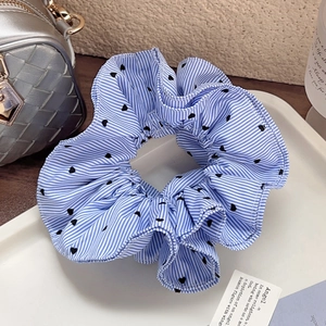 Double Layer Blue White Stripe Heart Print Scrunchie Large Elastic Fabric Hair Tie Korean Style Lazy Hair Ring Women Daily Accessory