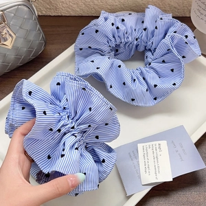 Blue striped scrunchie with heart pattern in double layer minimalist aesthetic style