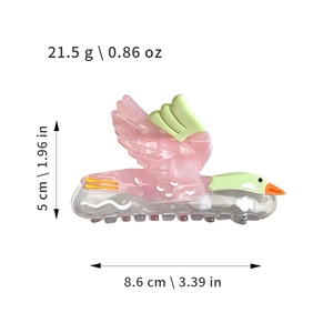 Pince à cheveux en forme d'oiseau rose et vert avec détails sur les dimensions