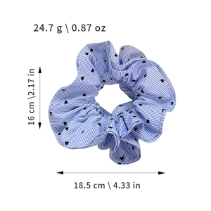 Blue striped oversized scrunchie with heart pattern and product dimensions overview