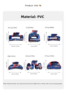 Size specifications for deep blue celestial patterned acetate hair claw clips in various shapes
