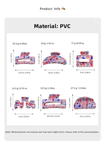Size chart showing six rectangle and star-shaped PVC hair claws with American flag design