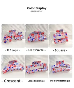 Close-up of hair claw clips with American flag patterns in diverse geometric shapes