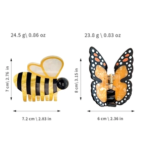 Lot de pinces à cheveux en acétate motif abeille et papillon avec tailles détaillées