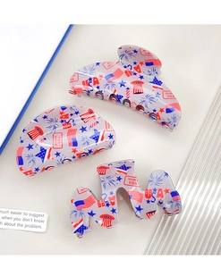 Three-piece USA Independence Day hair claw set with patriotic red white and blue star patterns