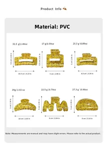 Detailed size and weight specifications for six cartoon yellow duck PVC hair claw clips