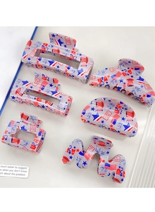 Detail of six-piece hair claw clip set with American flag stars and stripes patterns