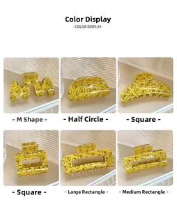 Detailed grid view of yellow hair claw clips with cute duck patterns in various shapes