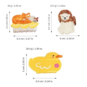 Cartoon acetate hair claws featuring lion fox and duck shapes with size and weight specs