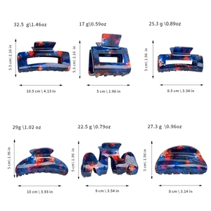 Blue starburst acetate claw clip set with precise size and weight measurements