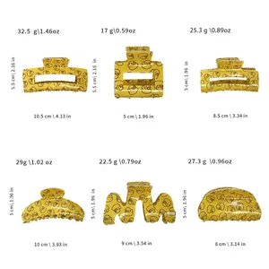 Size chart showing dimensions of six yellow duck pattern resin hair claw clips
