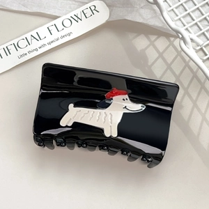 Glossy black rectangular hair claw clip with a cute white puppy cartoon design
