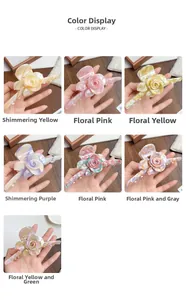 Detailed color display of large acetate rose flower hair claws in seven marble textures