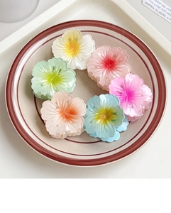 Detailed view of six colorful frangipani flower hair claws arranged in a vintage ceramic plate