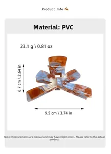 Detail view of the large acrylic bow hair claw with marble texture and dimensions info