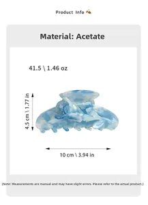 Detailed view of blue acetate tulip hair claw clip with specific dimensions and weight