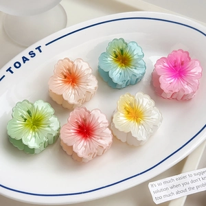 Set of six translucent plumeria flower hair claw clips in assorted pastel colors