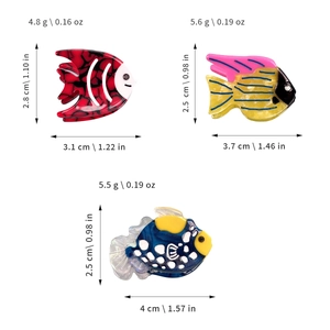 Three-piece acetate ocean fish hair claw clips with detailed dimensions and weights