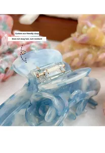 Detail of blue acetate hair claw clip with custom eco-friendly rust-resistant buckle