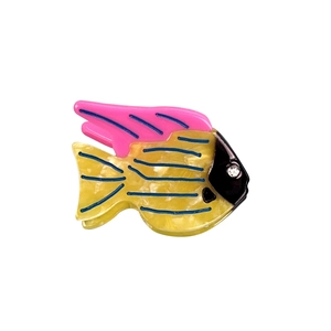 Tropical fish hair claw in yellow acetate with blue stripes and rhinestone detail